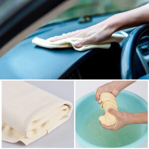 A man showing how to use seude cloth towel to clean a car surface | Yellow star